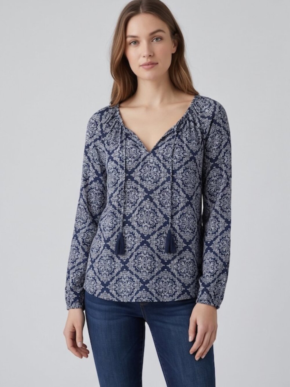 Lucky Brand Women's Navy & White Bohemian Print Peasant Blouse Tassel Top